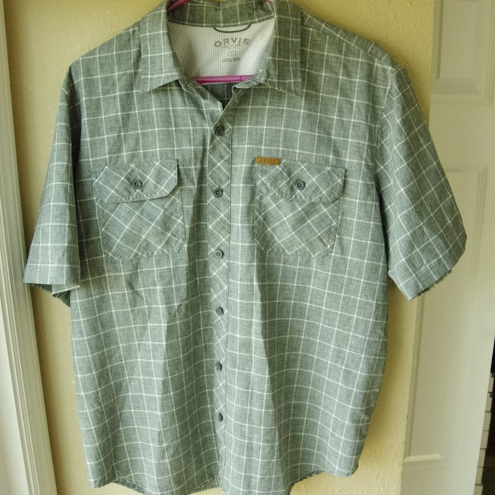 Orvis, Plaid Shirt, Large, Gray, Polyester